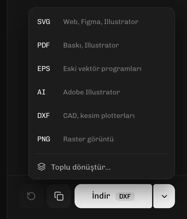İndirme menüsünde DXF'i seçmek